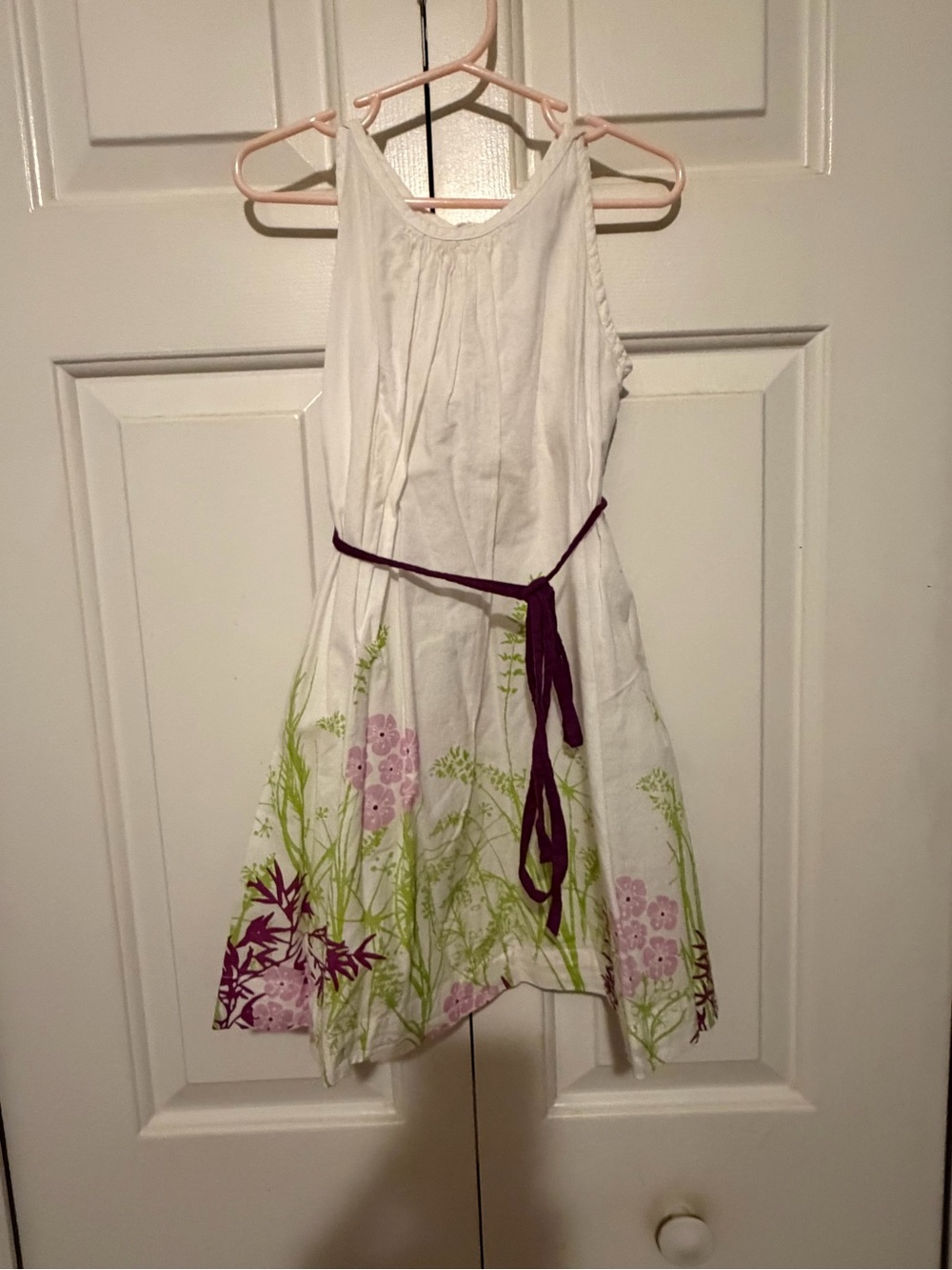 White Floral Sundress with Purple Tie Belt for Girls
